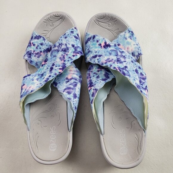 Bzees Sahara Wedge Sandal Womens 7.5 Blue Fabric Slip On Comfort Slide Open Toe - Picture 9 of 12